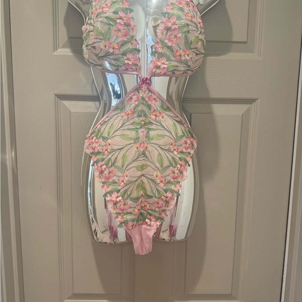 Victoria's Secret Floral Embroidered Chemise - Pink and Green Teddy thongless - Picture 3 of 9